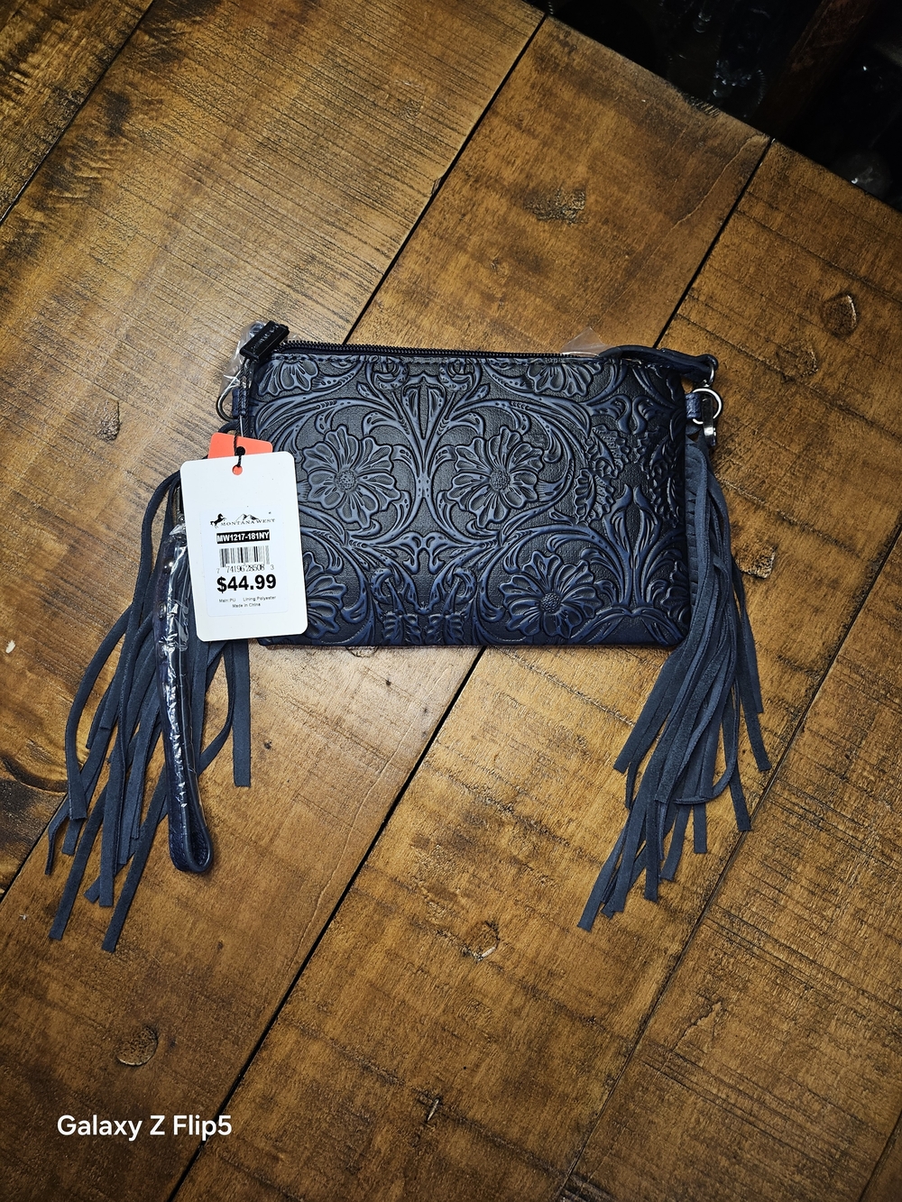 Nwt Montana West Embossed Floral Fringe Wristlet - Navy Blue